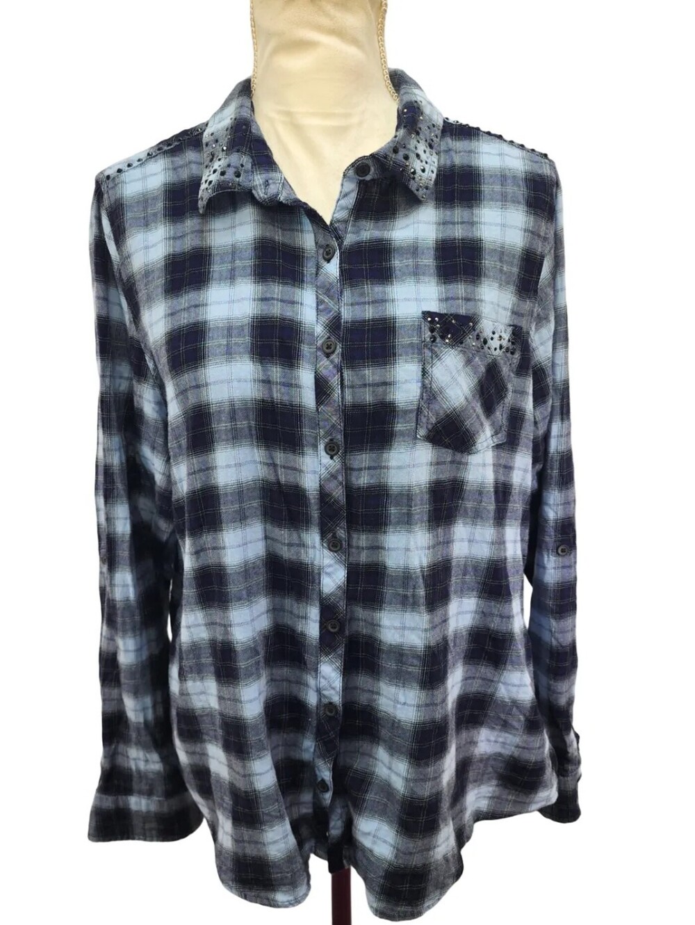 Navy Light Blue Bedazzled Plaid Cotton Flannel Medium